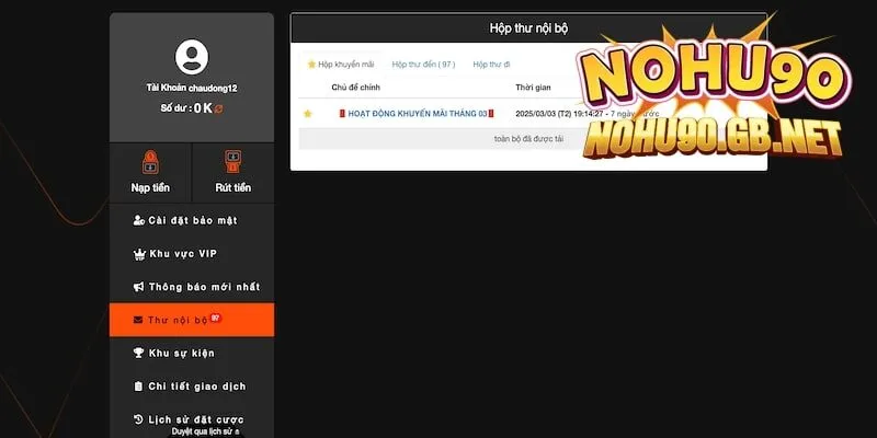 Tài khoản Nohu90 hợp lệ rút tiền thành công