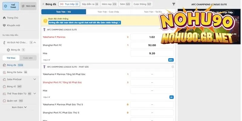 Tỷ lệ kèo Nohu90 hôm nay châu Âu đẳng cấp